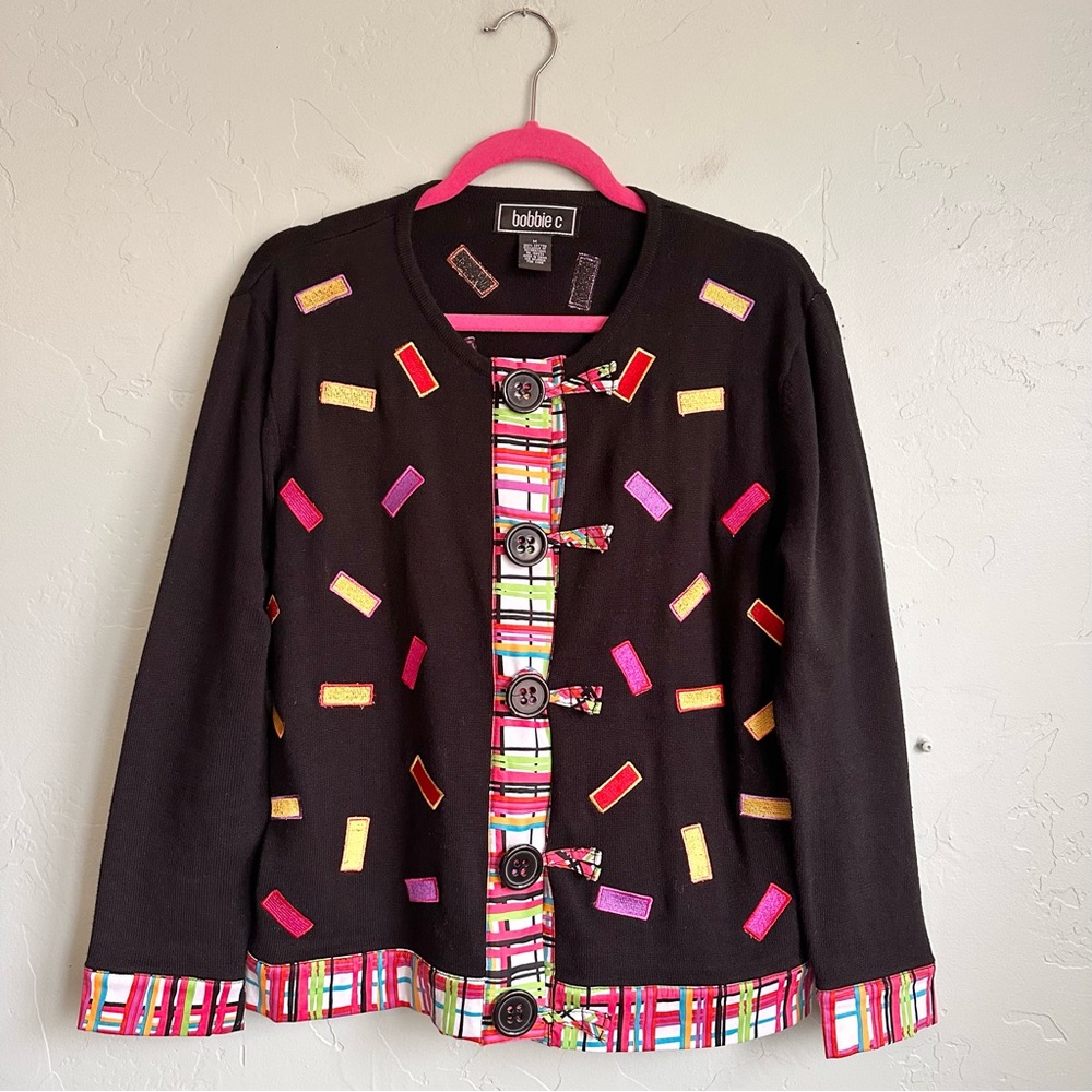 bobbie c Vintage Black Colorful Cardigan Jacket Abstract Artsy Cottagecore M EUC